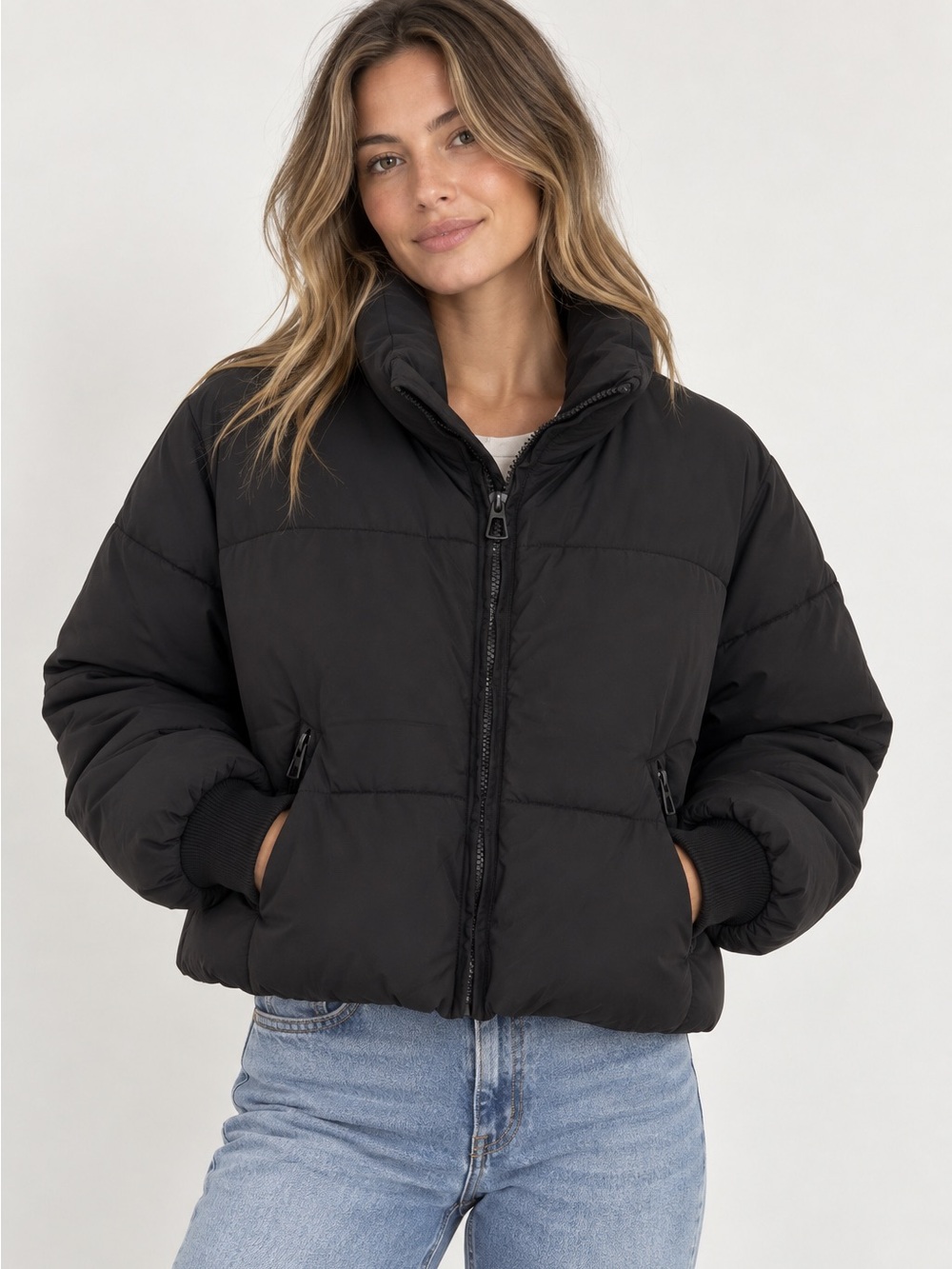 Princess Polly Black Oversized Cropped Puffer Jacket Size 6